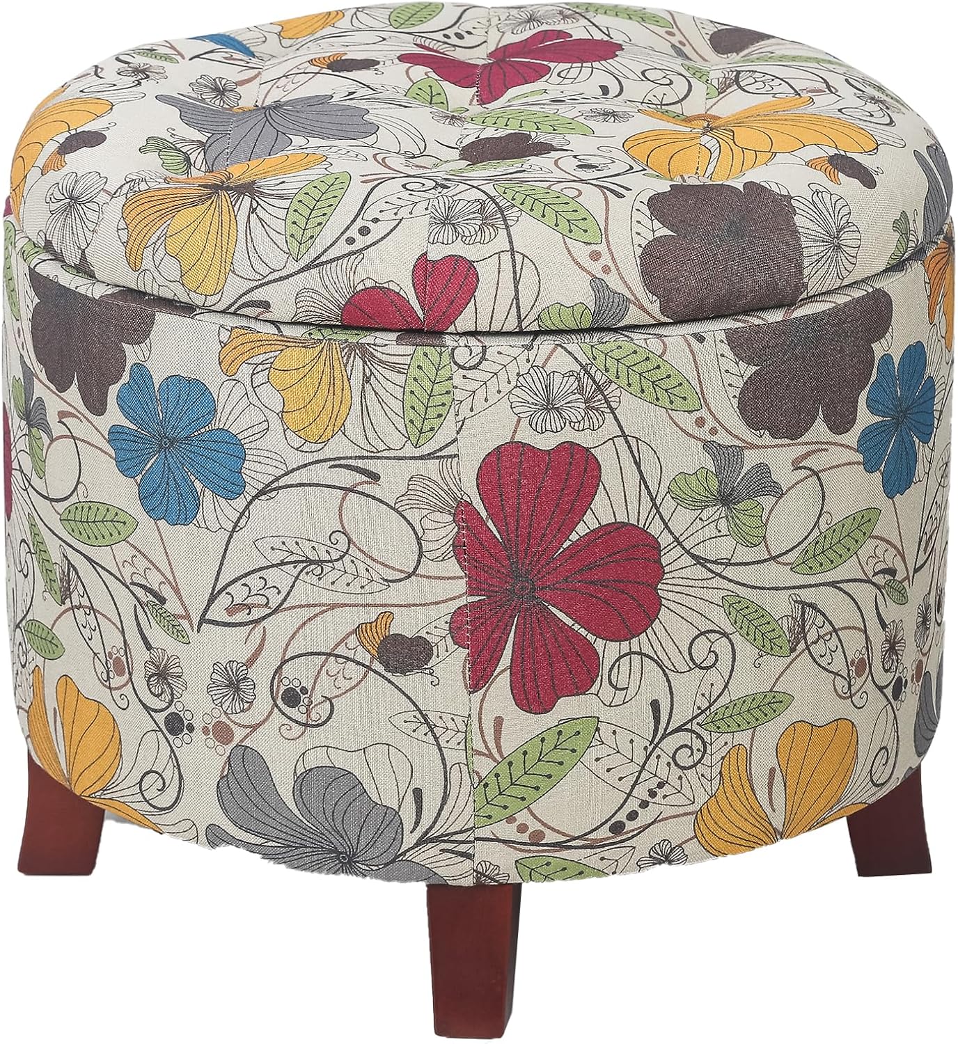 17" Height Round Storage Ottoman, Modern Linen Fabric Cushion Footstool