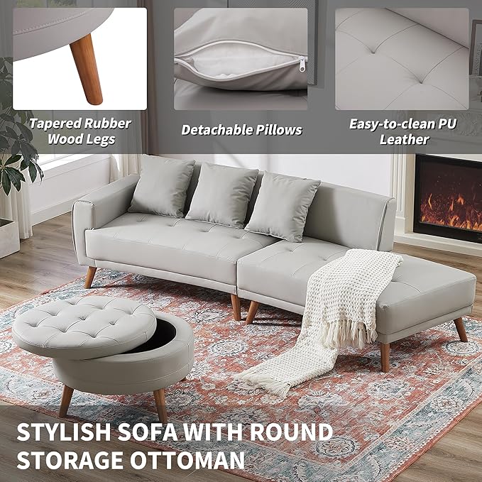 107'' PU Leather Sectional Sofa Couch with Moveable Storage Ottoman for Living Room