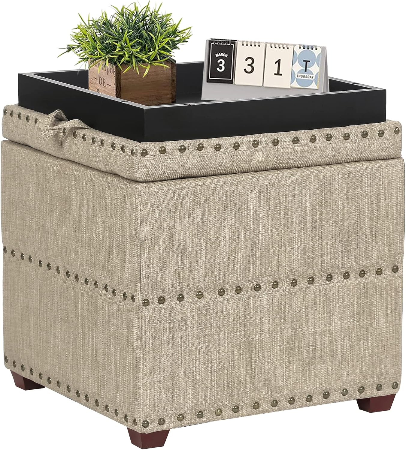 18 Inch High Cube Ottoman Storage, Linen Beige Chair Foot Stools with Tray