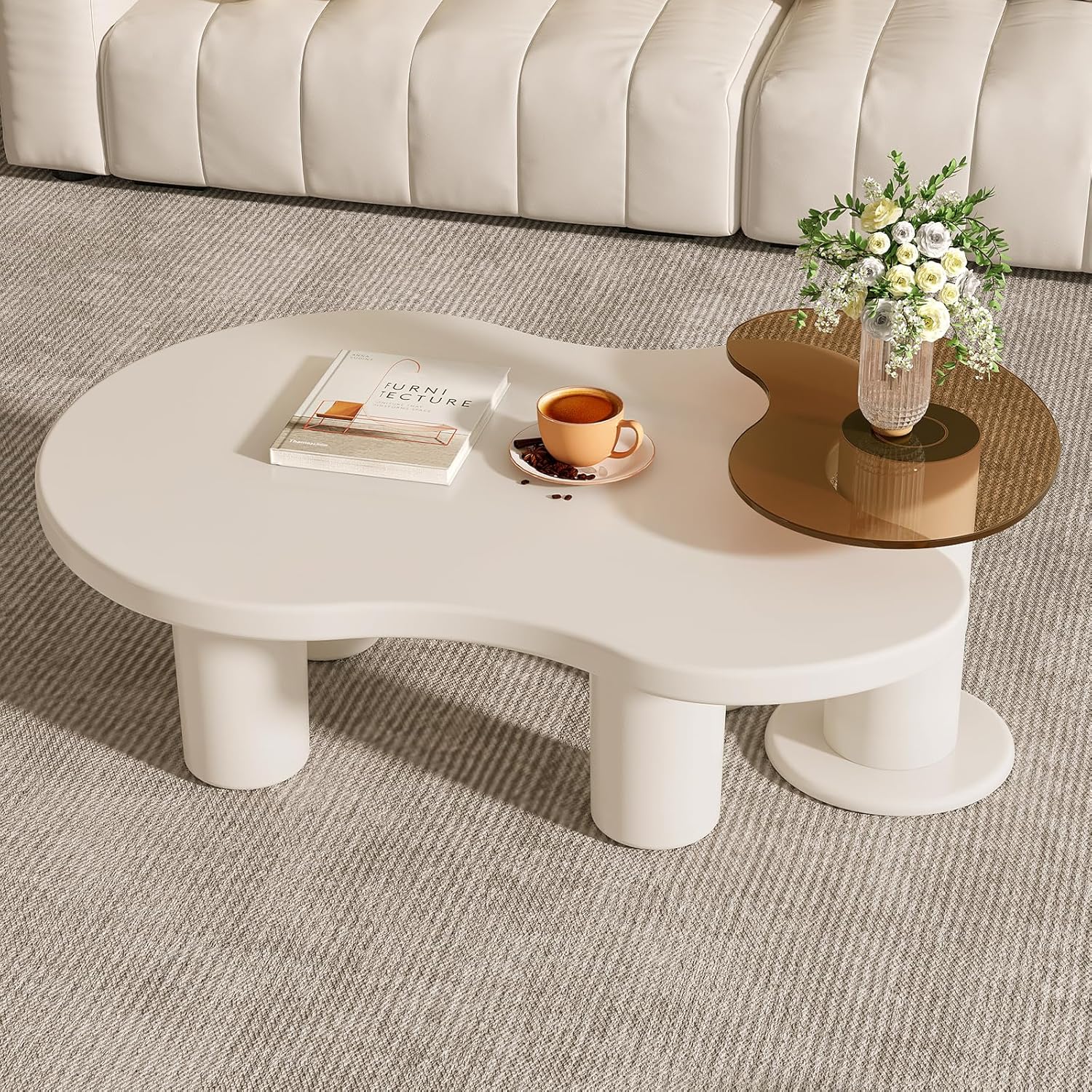 40.94" Modern Nesting Coffee Tables Set of 2, 2 in 1 Irregular Coffee Table, with Glass Top End Table for Living Room