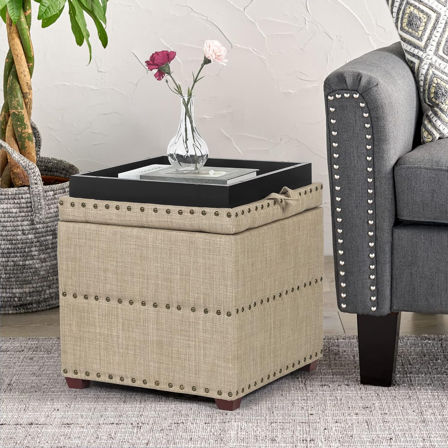 18 Inch High Cube Ottoman Storage, Linen Beige Chair Foot Stools with Tray