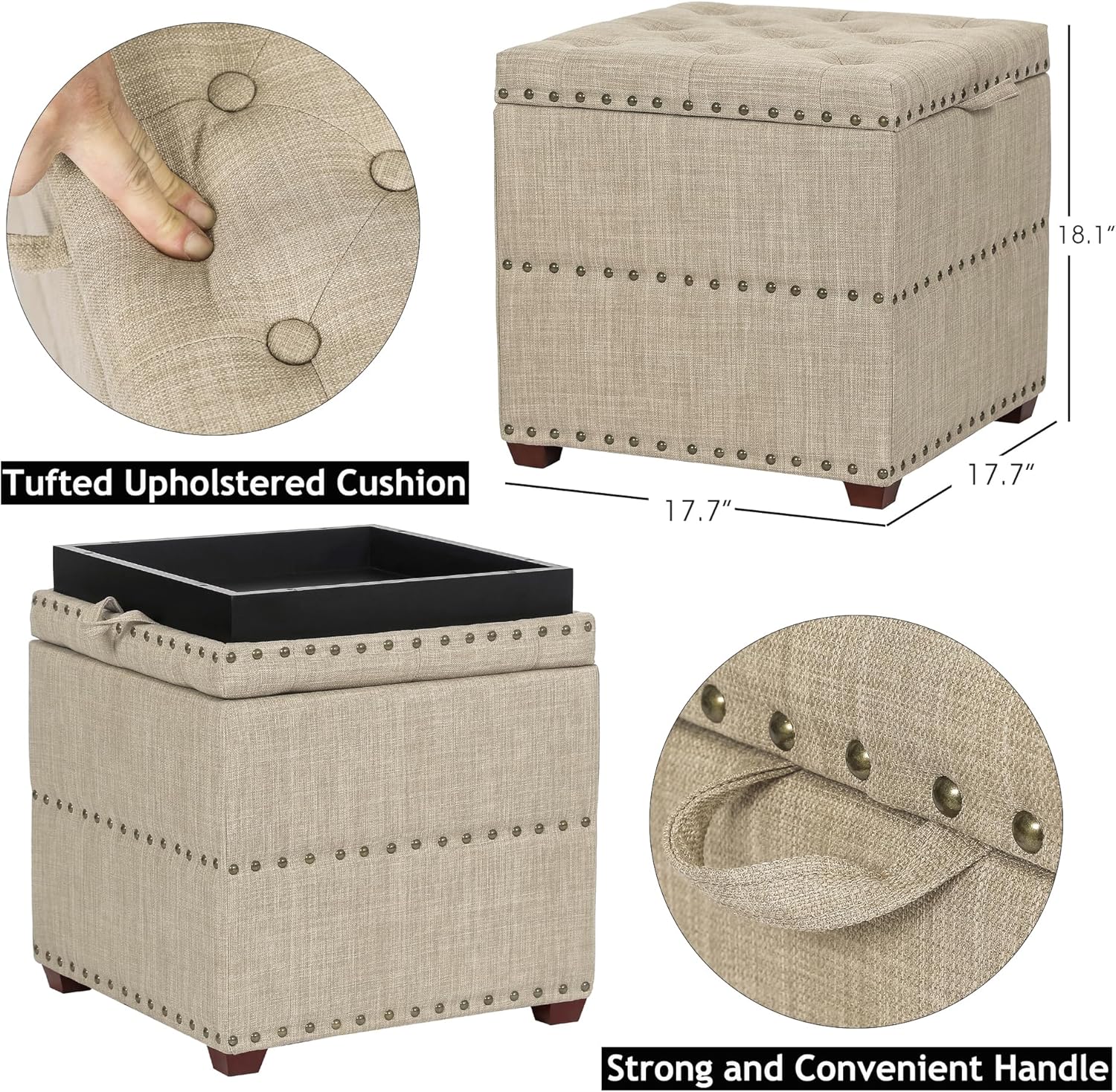 18 Inch High Cube Ottoman Storage, Linen Beige Chair Foot Stools with Tray