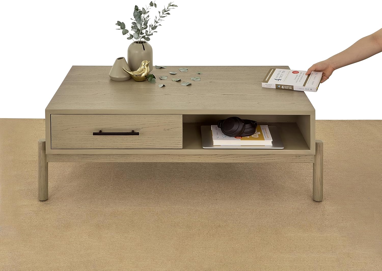 Solid Wood Rectangle Coffee Table for Living Room - Mid Century Modern Center Table with Storage