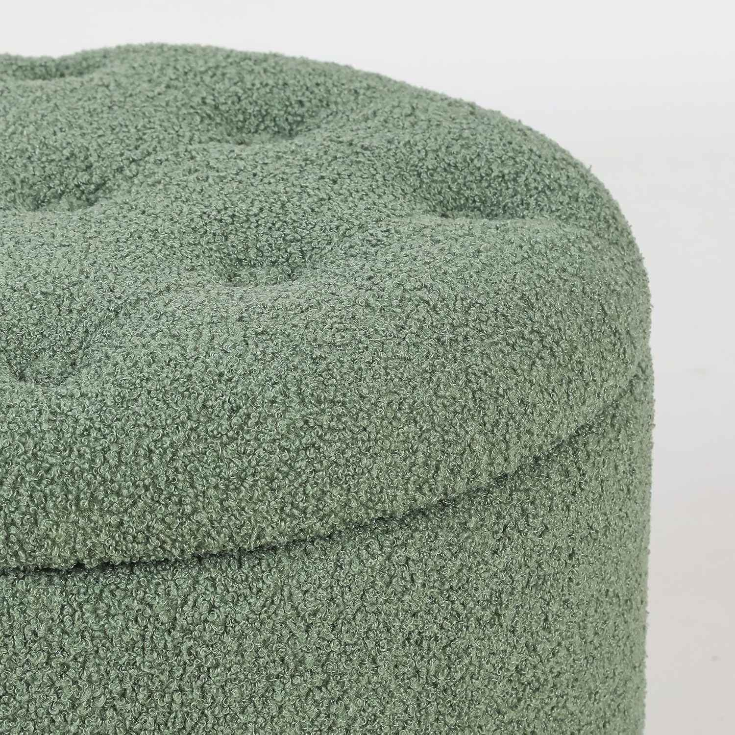 Teddy Fleece Cushion Round Button Tufted Storage Footstool, Height 16 Inches Storage Ottoman