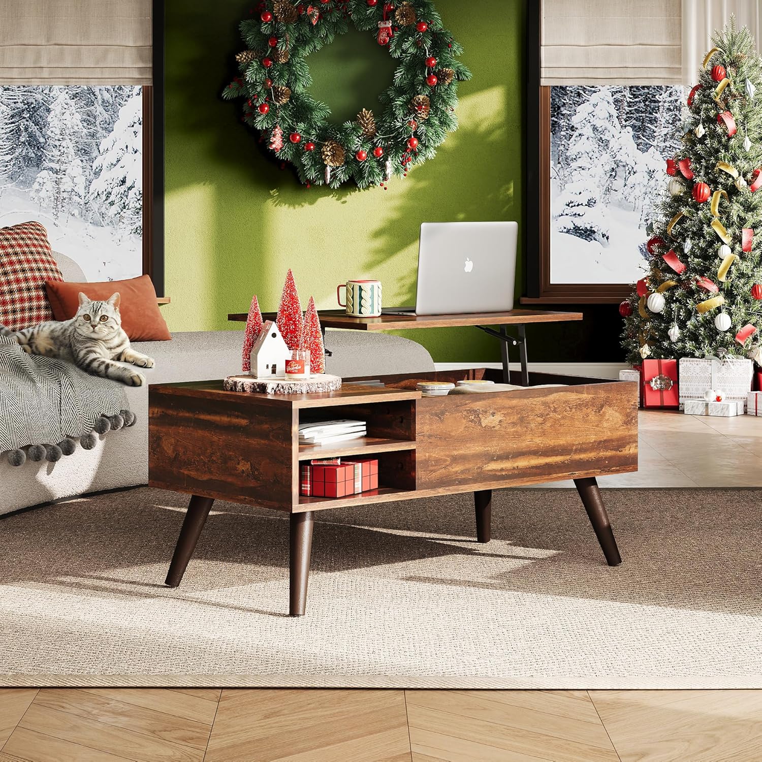 Wood Lift Top Coffee Table with Hidden Compartment and Adjustable Storage Shelf 19.69"D x 39.37"W x 16.93"H