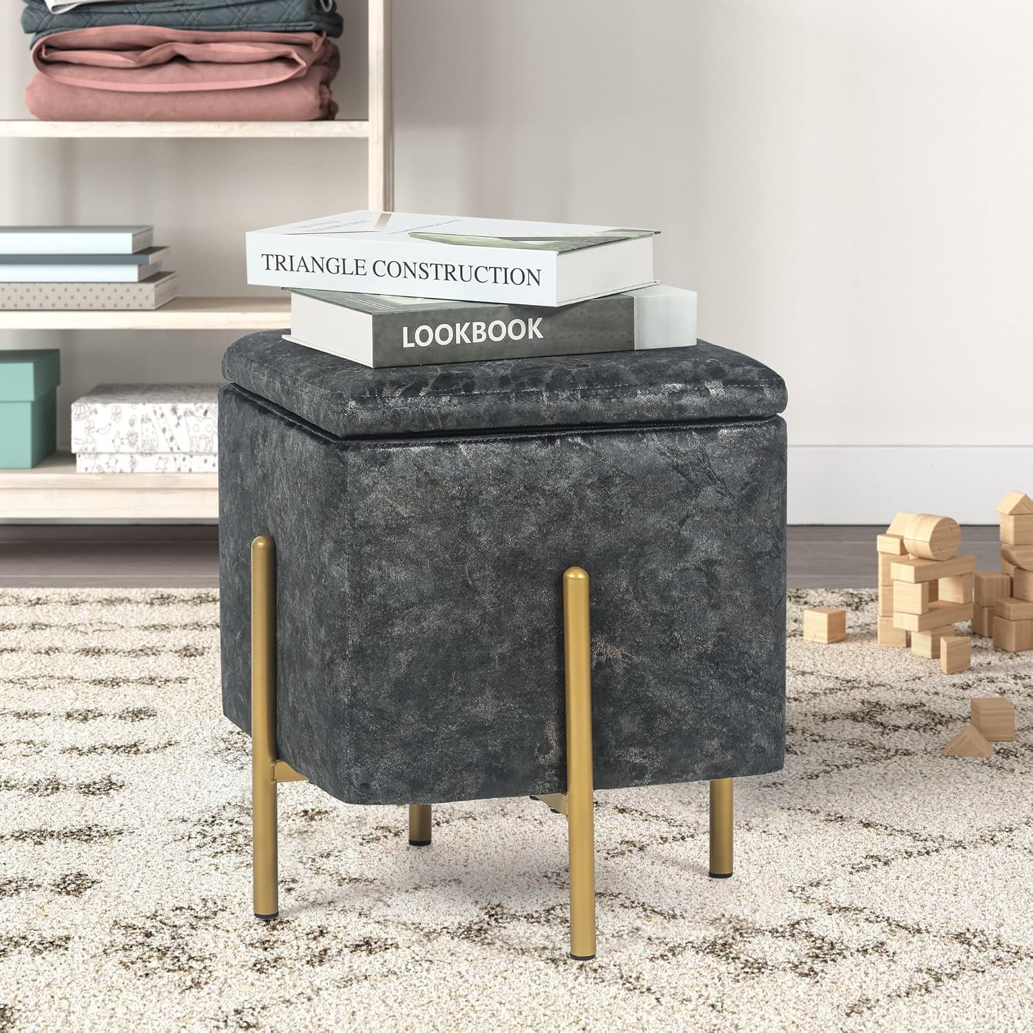 Upholstered Tufted Square Storage Ottomans, Grey Marble Modern Velvet Footrest Ottomans with Storage