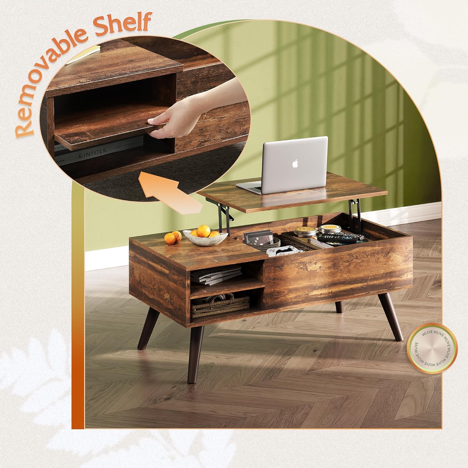 Wood Lift Top Coffee Table with Hidden Compartment and Adjustable Storage Shelf 19.69"D x 39.37"W x 16.93"H