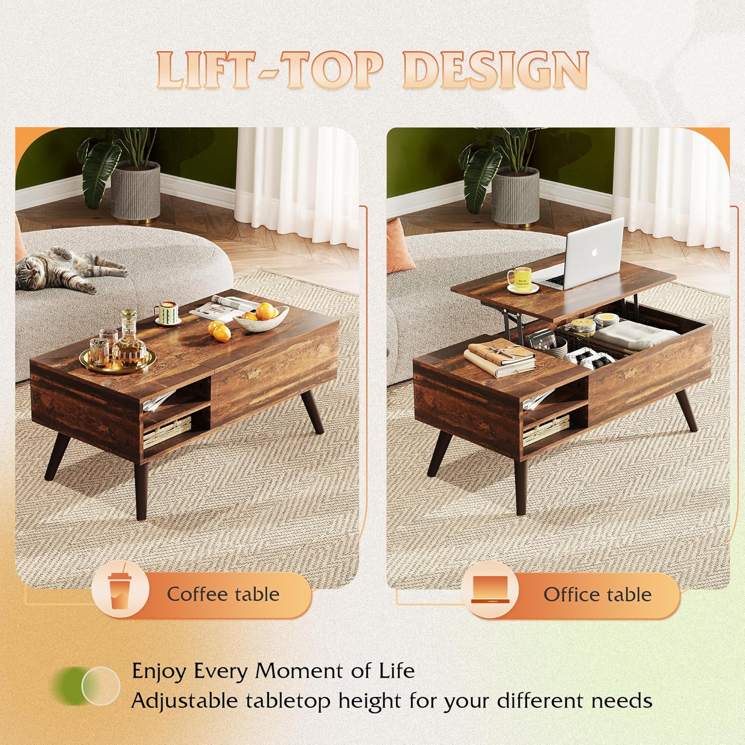 Wood Lift Top Coffee Table with Hidden Compartment and Adjustable Storage Shelf 19.69"D x 39.37"W x 16.93"H