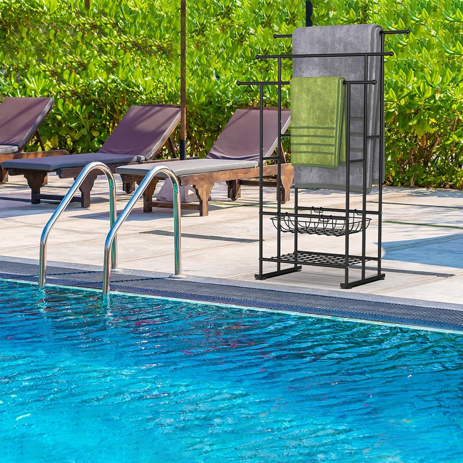 3 Tier Freestanding Towel Rack for Bathroom, 40" Tall Floor Standing Towel Racks with Storage Basket and Shelf