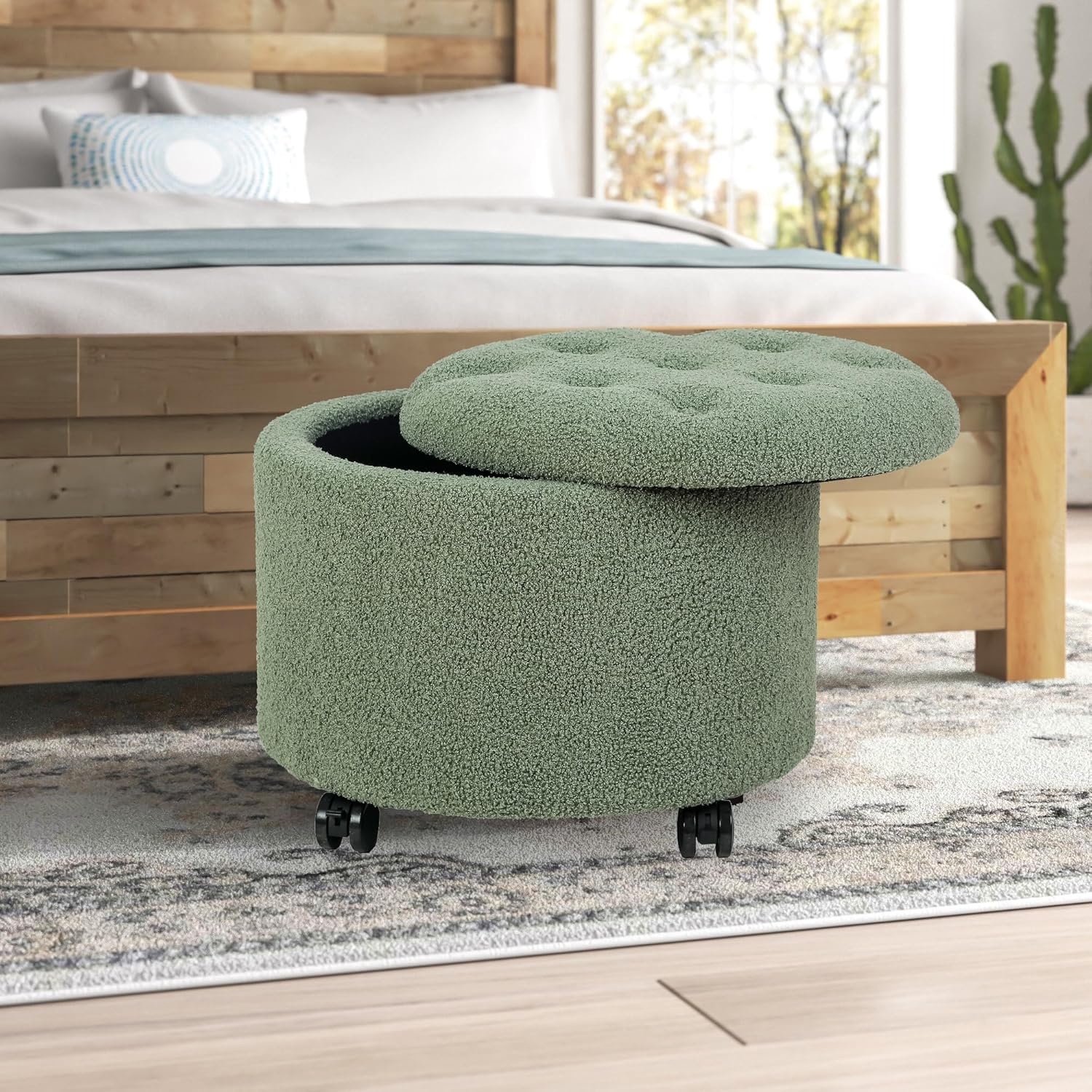 Teddy Fleece Cushion Round Button Tufted Storage Footstool, Height 16 Inches Storage Ottoman