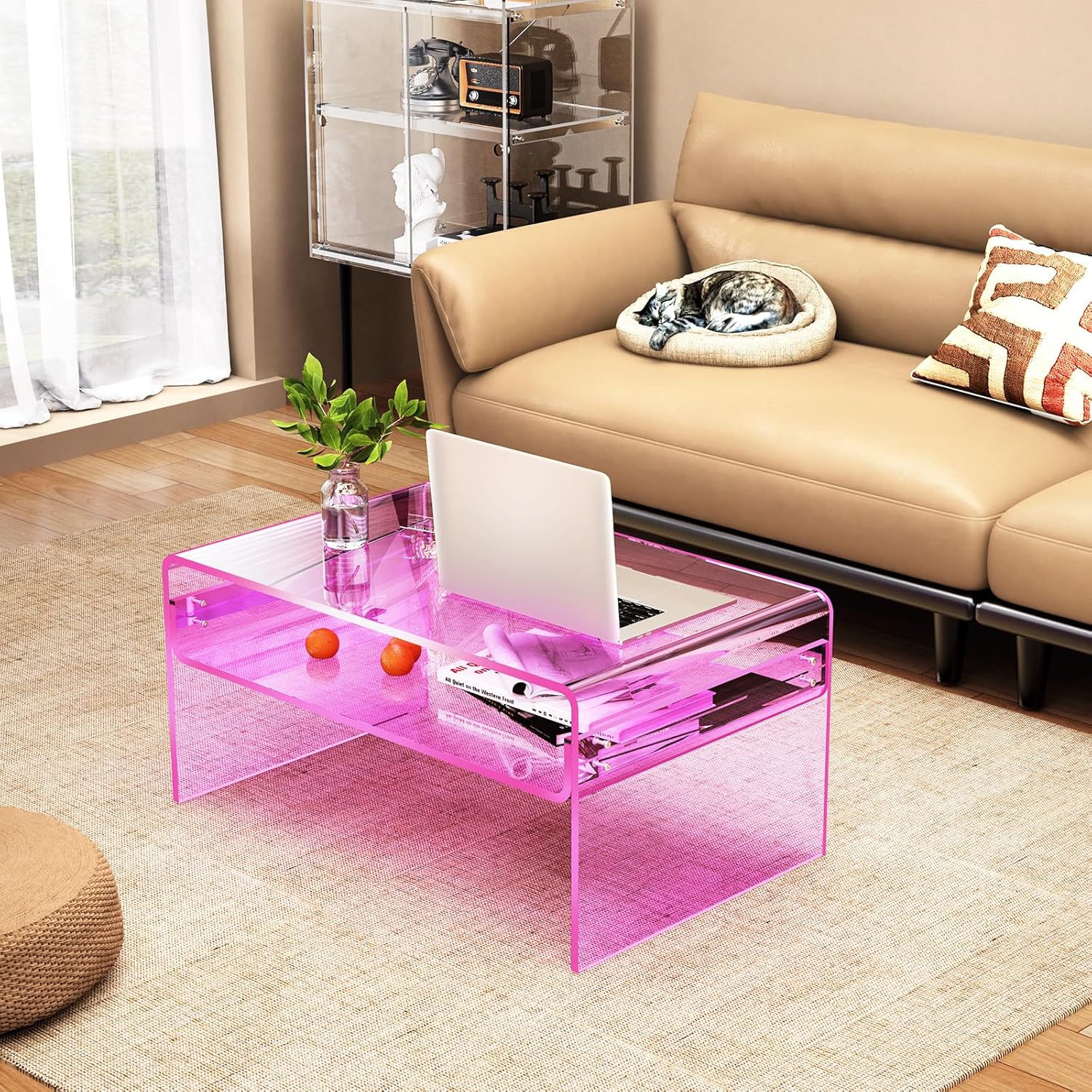 Acrylic Coffee Table for Living Room Clear Rectangle Lucite Table with Open Storage Shelf (1, Pink, Large)