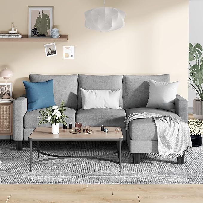 Convertible Sectional 3 L-Shaped Couch Soft Seat with Modern Linen Fabric, Small Space Sofas for Living Room, Apartment and Office, 70'', Gray