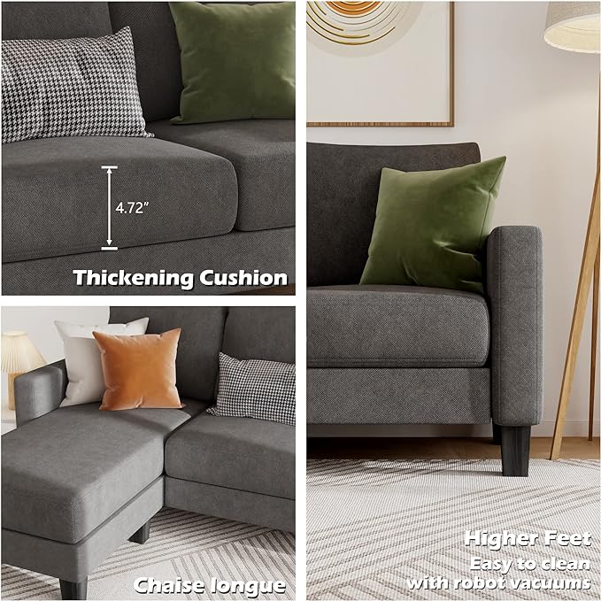 Convertible Sectional 3 L-Shaped Couch Soft Seat with Modern Linen Fabric, Space-Saving Sofas for Living Room, Apartment and Office, 70'', Dark Gray