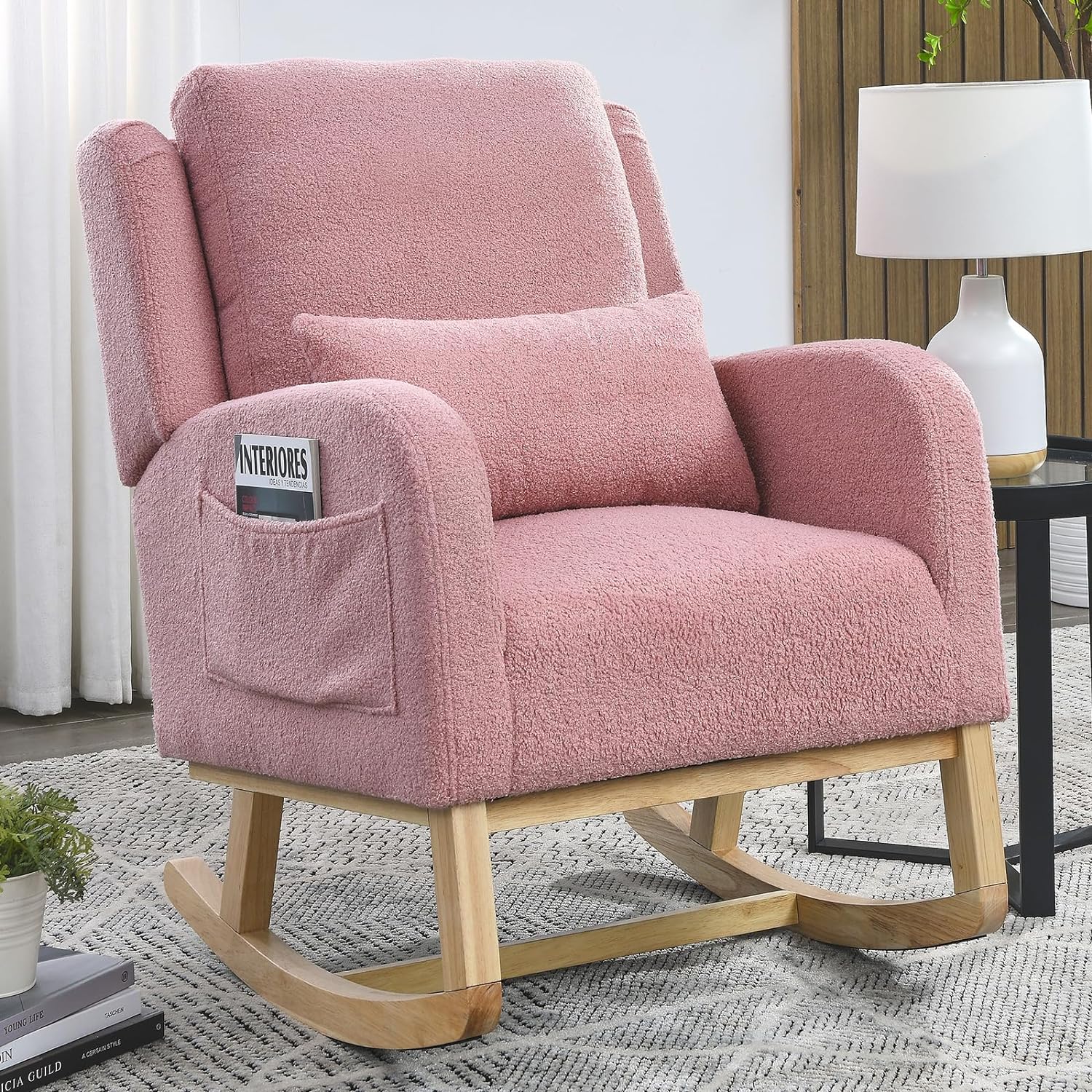 Nursery Rocking Chair, Modern High Back Armchair with Side Pockets, Glider Rocker with Padded Seat, Lumbar Pillow and Wood Base, Accent Chair for Living Room, Bedroom (Pink Teddy)