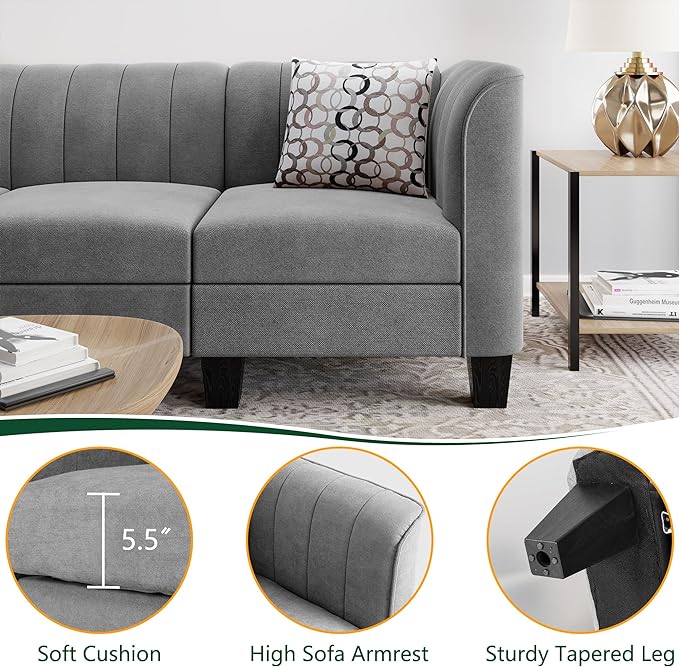 Upgraded Convertible Sectional Sofa Couch, 3 Seat L Shaped Sofa with High Armrest Linen Fabric Small Couch Mid Century for Living Room, Apartment and Office (Light Grey)