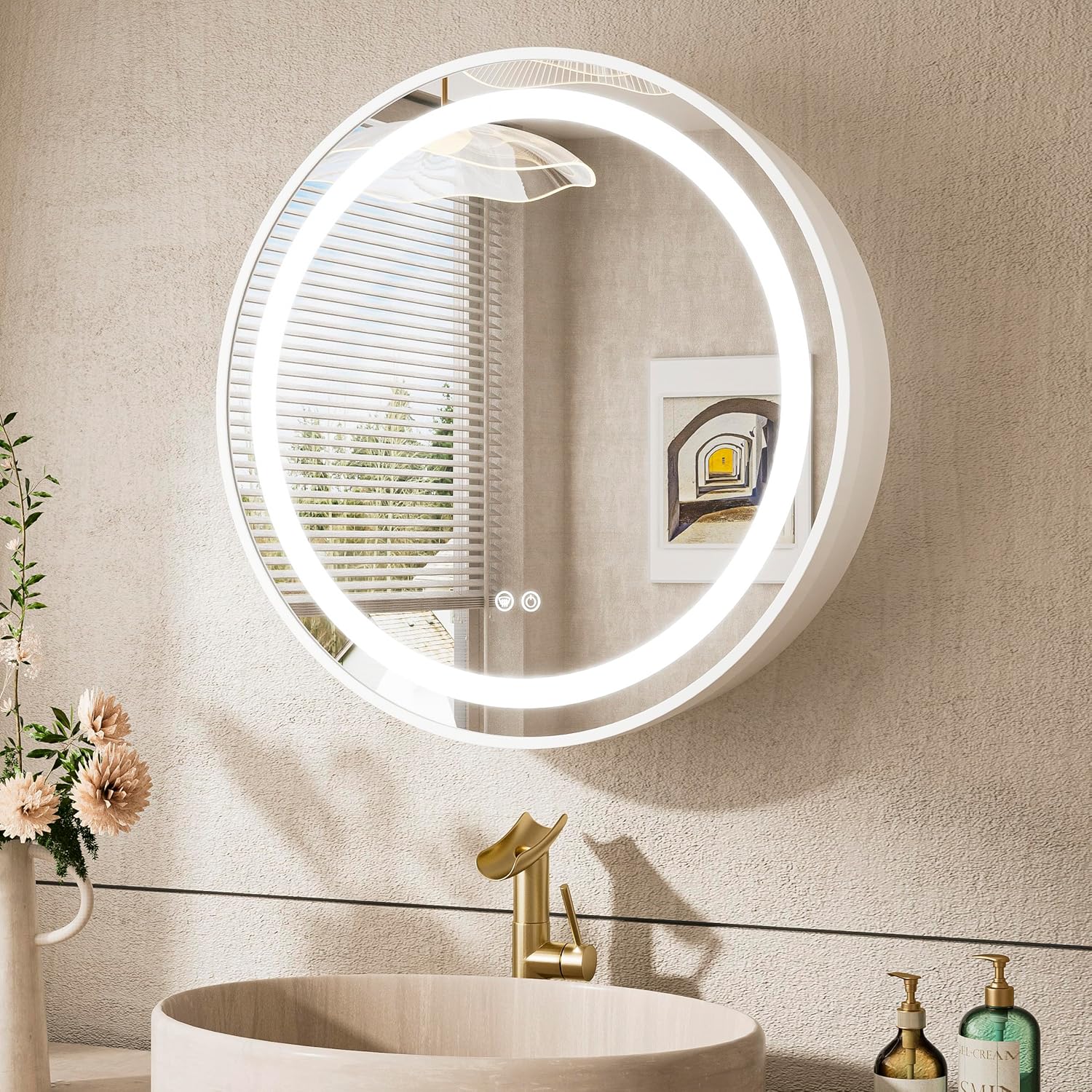 24 Inch Round Medicine Cabinet Mirror Led for Bathroom with Defogger, Wall Mount Mirrored Medicine Cabinet