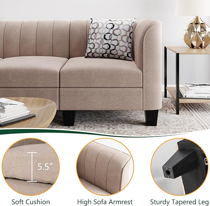 Upgraded Convertible Sectional Sofa Couch, 3 Seat L Shaped Sofa with High Armrest Linen Fabric Small Couch Mid Century for Living Room, Apartment and Office (Beige)