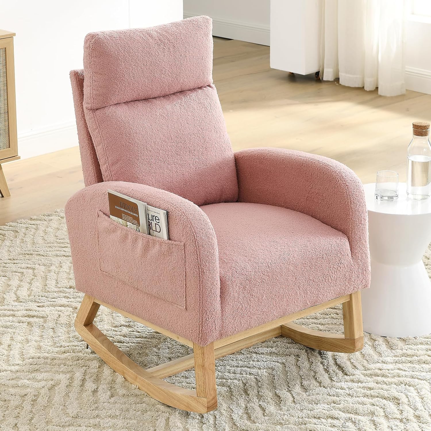 Modern Nursery Rocking Chair, Teddy Upholstered Glider Chair with High Back and Side Pocket, Comfy Accent Armchair with Wood Legs, Recliner Chair for Living Room (Pink)