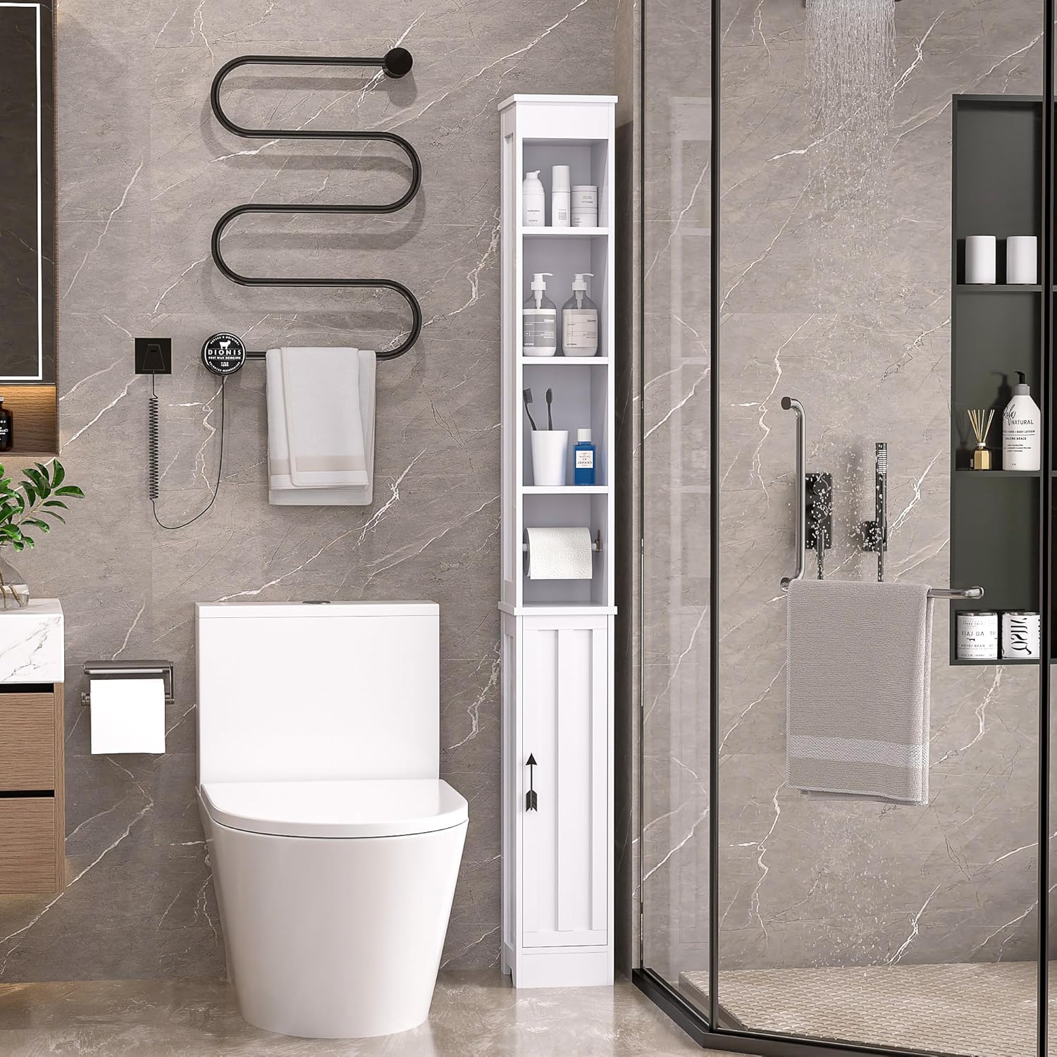 Bathroom Tall Cabinet with Adjustable Shelves, Slim Storage Cabinet with Toilet Paper Scroll