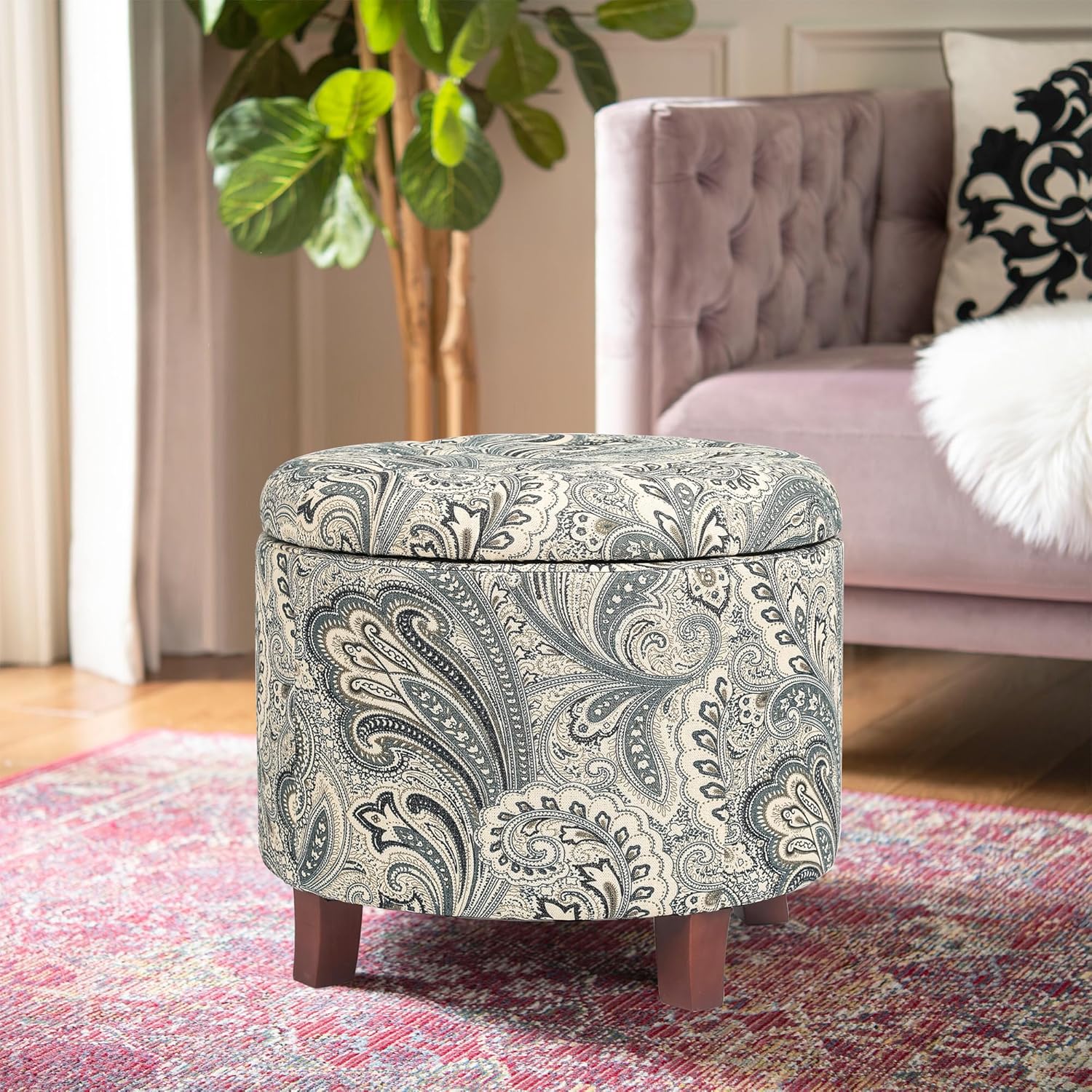 20’’ Tufted Round Ottoman with Storage - Storage Ottoman with Lid- Blue and Green Boho Paisley Fabric Upholstered Footstool