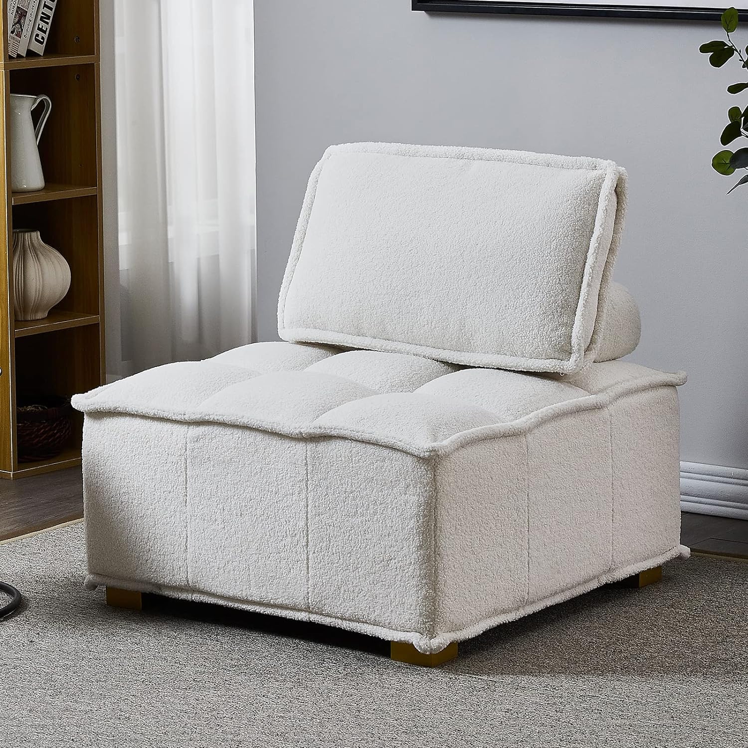 Modern Upholstered Barrel Chair Leisure Sofa Lounge Chair Lazy Sofa Rubber Wood Legs and Pillow Removable Armless Accent Chair for Living Room Corner Chair Bedroom (White Teddy)