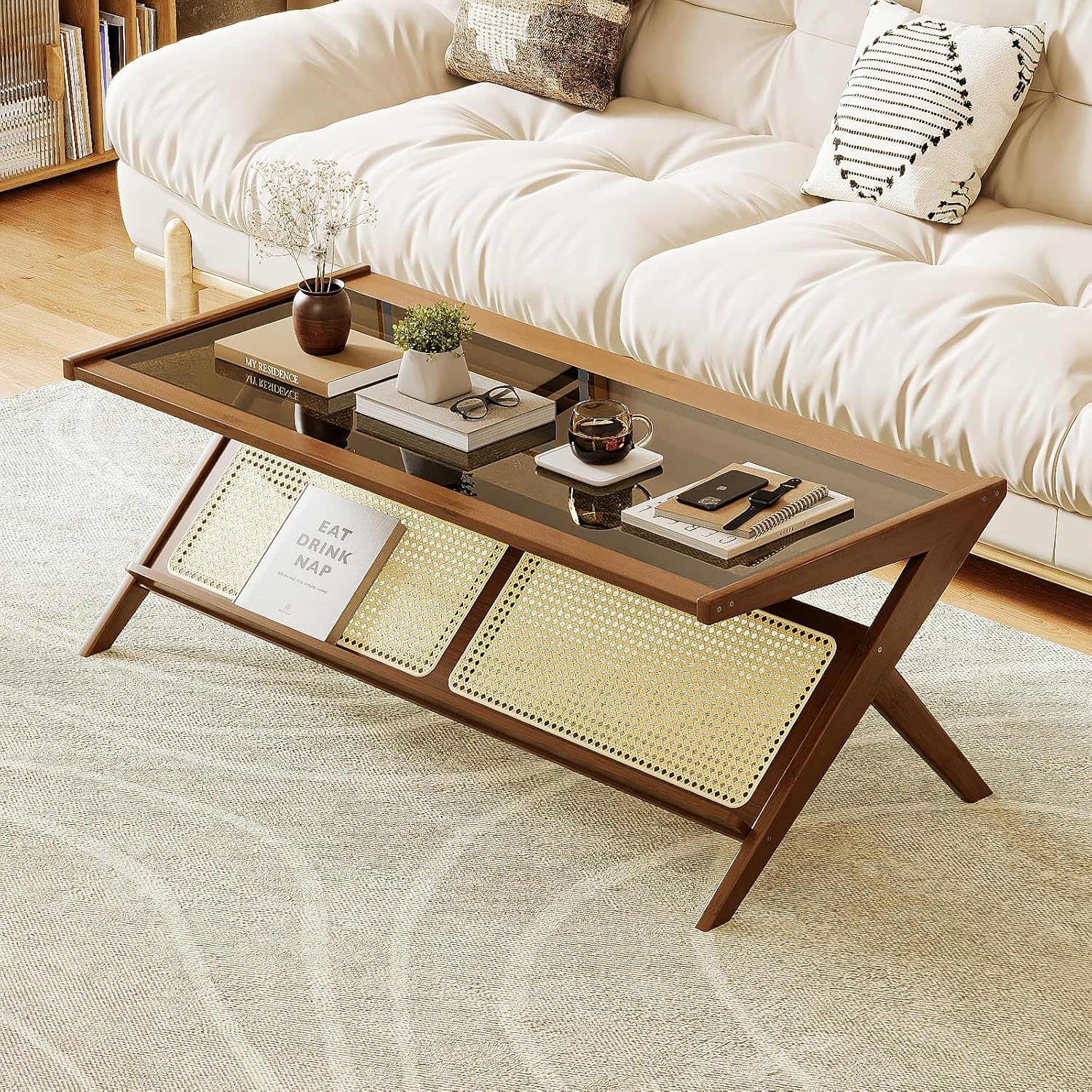Mid-Century Modern Coffee Table with Glass Top Rattan Center Table