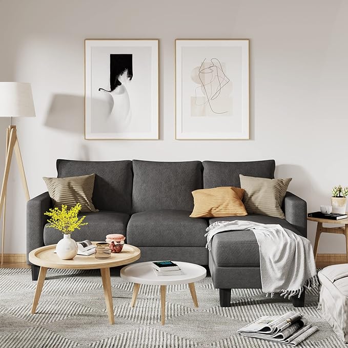 Convertible Sectional 3 L-Shaped Couch Soft Seat with Modern Linen Fabric, Space-Saving Sofas for Living Room, Apartment and Office, 70'', Dark Gray