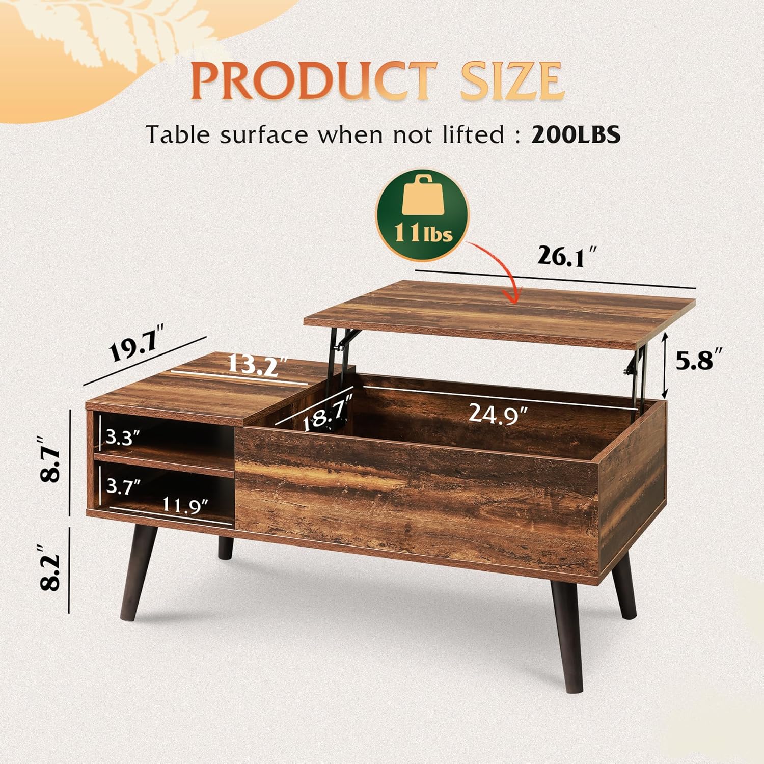Wood Lift Top Coffee Table with Hidden Compartment and Adjustable Storage Shelf 19.69"D x 39.37"W x 16.93"H