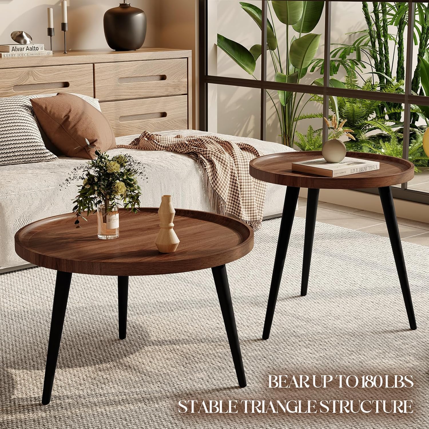 2 Pcs Mid Century Modern Round Coffee Tables for Living Room,Easy Assembly Nesting Coffee Tables