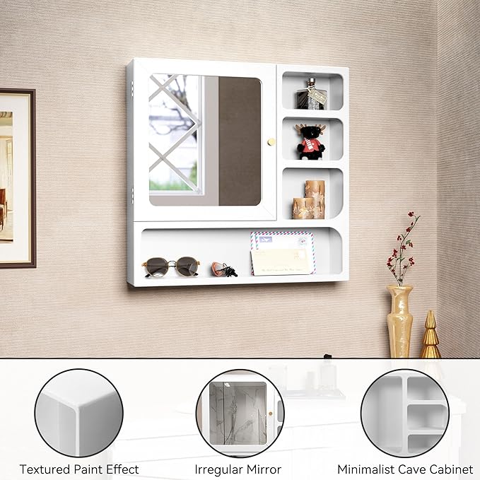 24" Bathroom Medicine Cabinet with Mirror, Wall Bathroom Storage Cabinet with Mirror Door and 4 Open Shelves