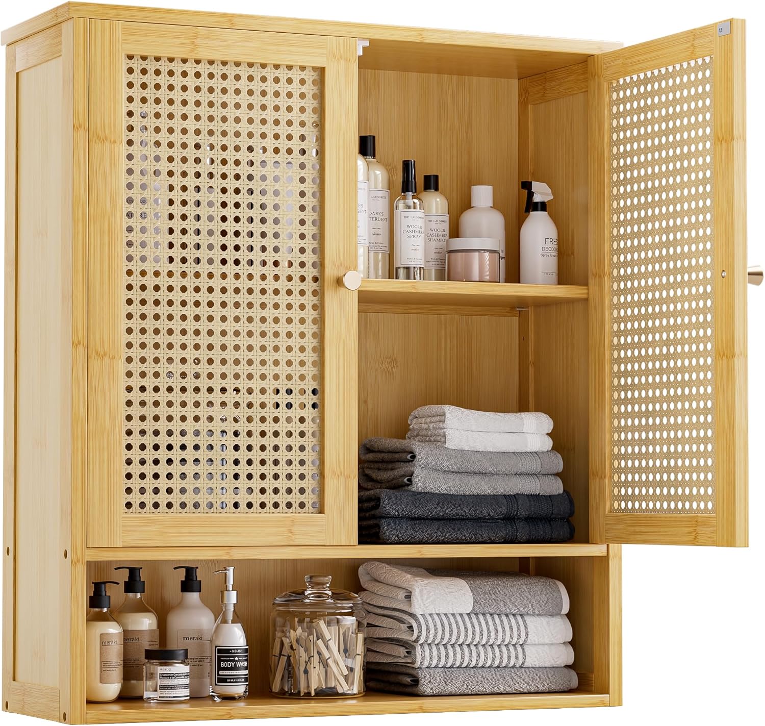 Bathroom Wall Cabinet, Bamboo Over-The-Toilet Storage Organizer with 2 Rattan Doors and Adjustable Shelf
