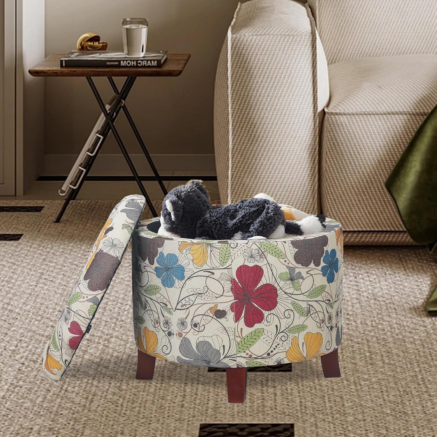 17" Height Round Storage Ottoman, Modern Linen Fabric Cushion Footstool