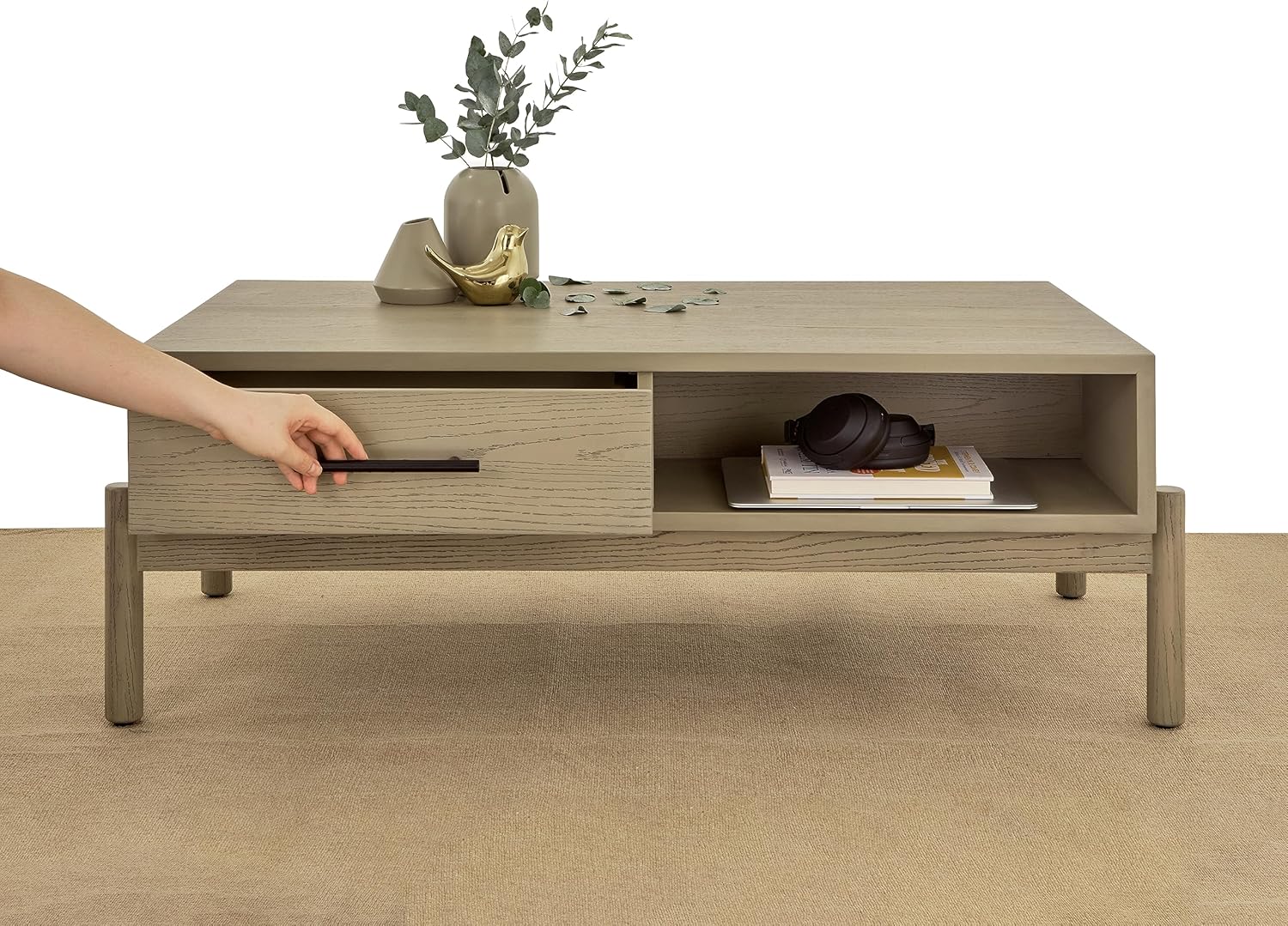Solid Wood Rectangle Coffee Table for Living Room - Mid Century Modern Center Table with Storage