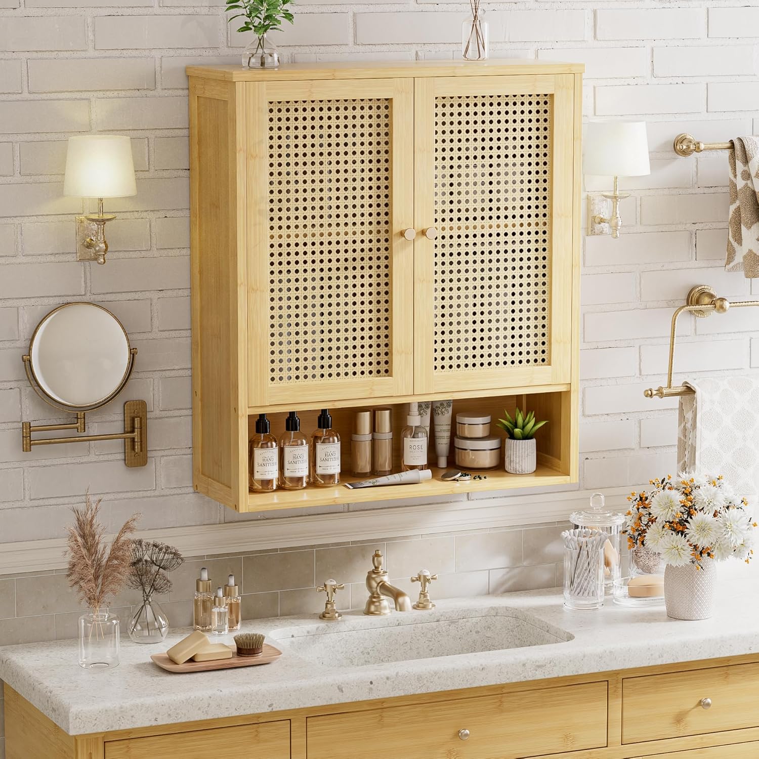 Bathroom Wall Cabinet, Bamboo Over-The-Toilet Storage Organizer with 2 Rattan Doors and Adjustable Shelf