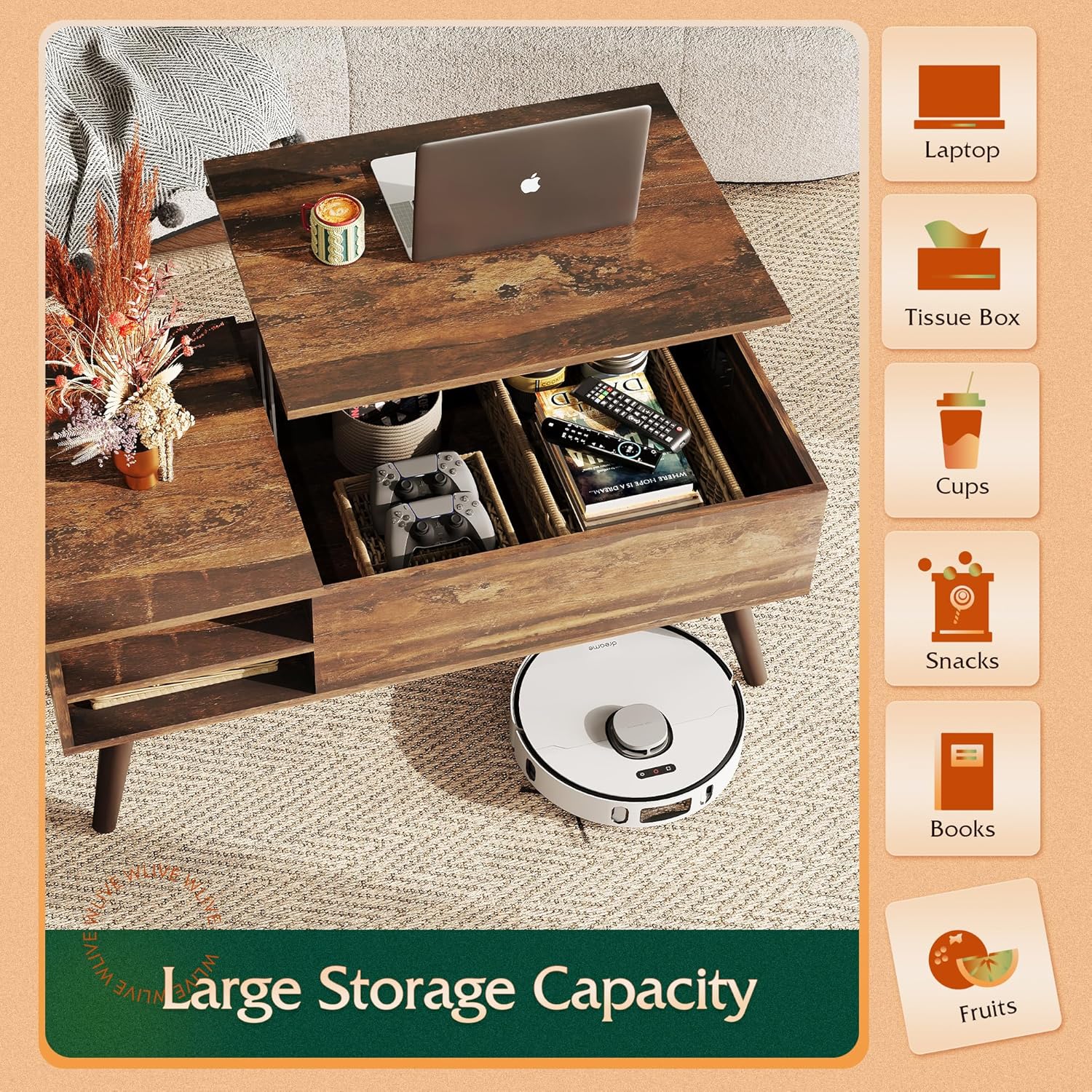 Wood Lift Top Coffee Table with Hidden Compartment and Adjustable Storage Shelf 19.69"D x 39.37"W x 16.93"H