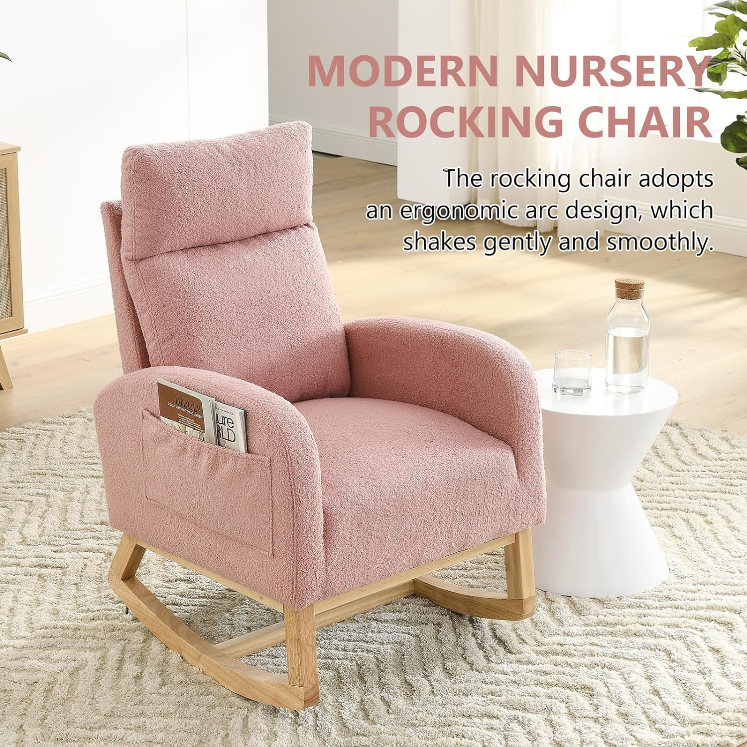 Modern Nursery Rocking Chair, Teddy Upholstered Glider Chair with High Back and Side Pocket, Comfy Accent Armchair with Wood Legs, Recliner Chair for Living Room (Pink)