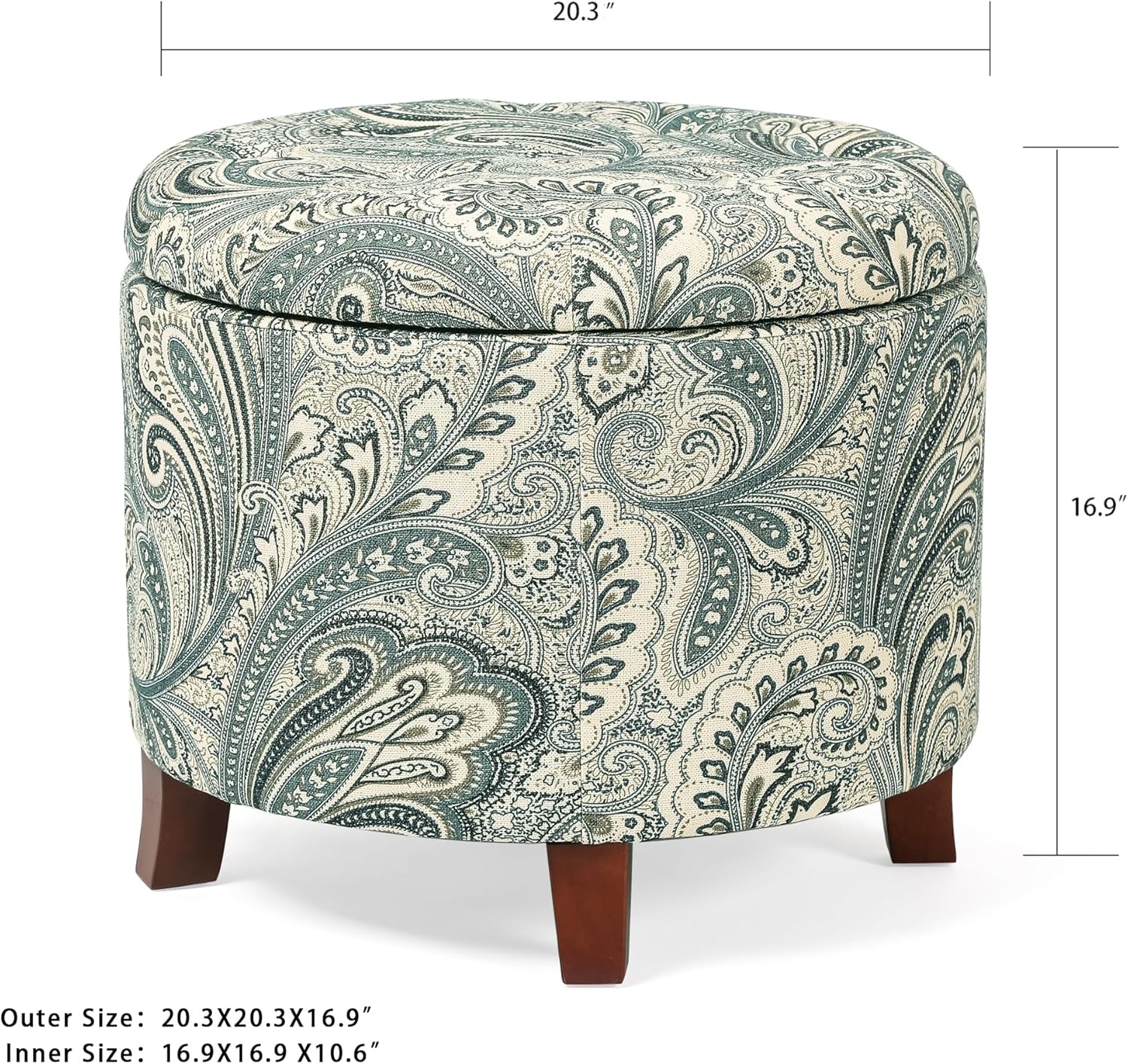 20’’ Tufted Round Ottoman with Storage - Storage Ottoman with Lid- Blue and Green Boho Paisley Fabric Upholstered Footstool