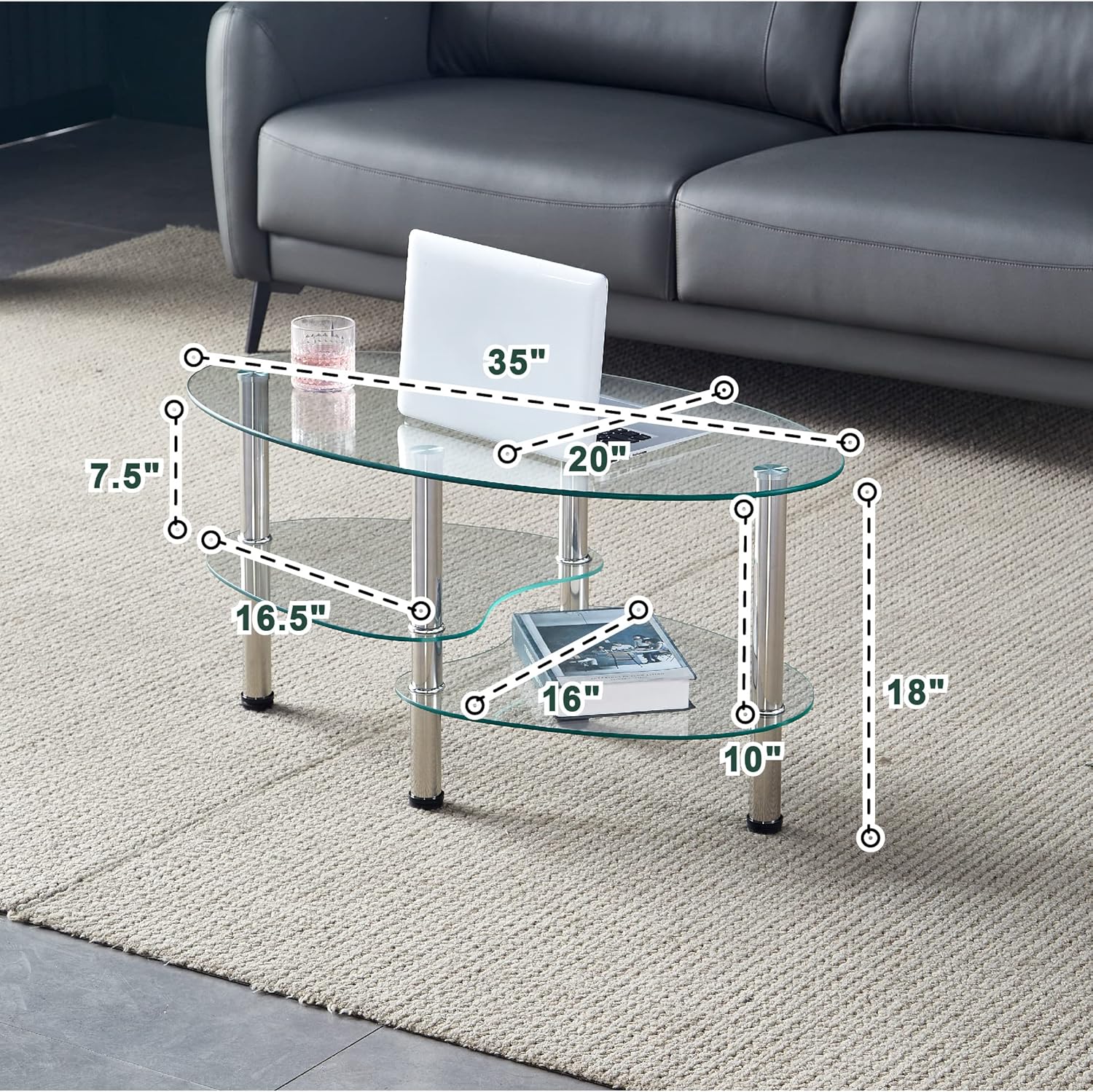 Oval-Shaped Glass Tea Table for Office, 3-Tier Modern Coffee Table