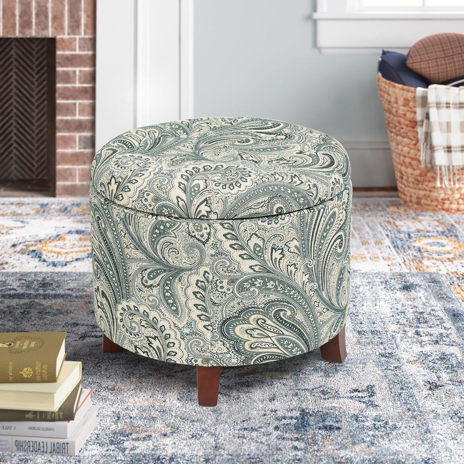 20’’ Tufted Round Ottoman with Storage - Storage Ottoman with Lid- Blue and Green Boho Paisley Fabric Upholstered Footstool