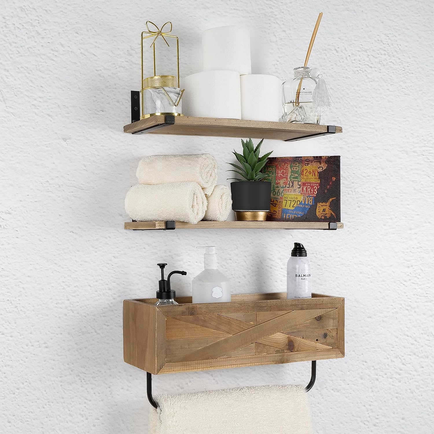 Rustic Farmhouse Bathroom Shelves Wall Mounted – Industrial Floating Shelves for Bathroom with Towel Bar