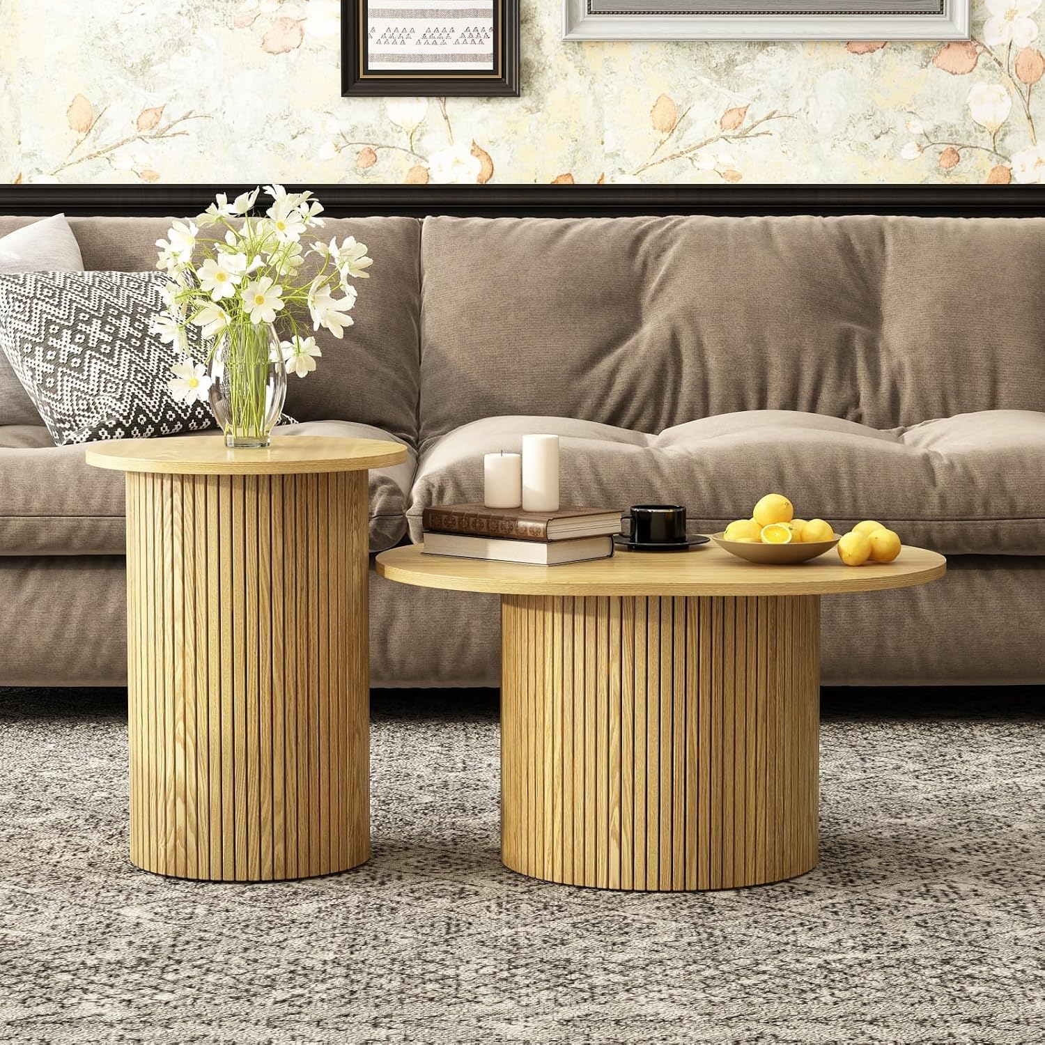 Farmhouse Nesting Coffee Tables Set of 2, Circle Fluted Wood Side and End Table Sets for Living Room