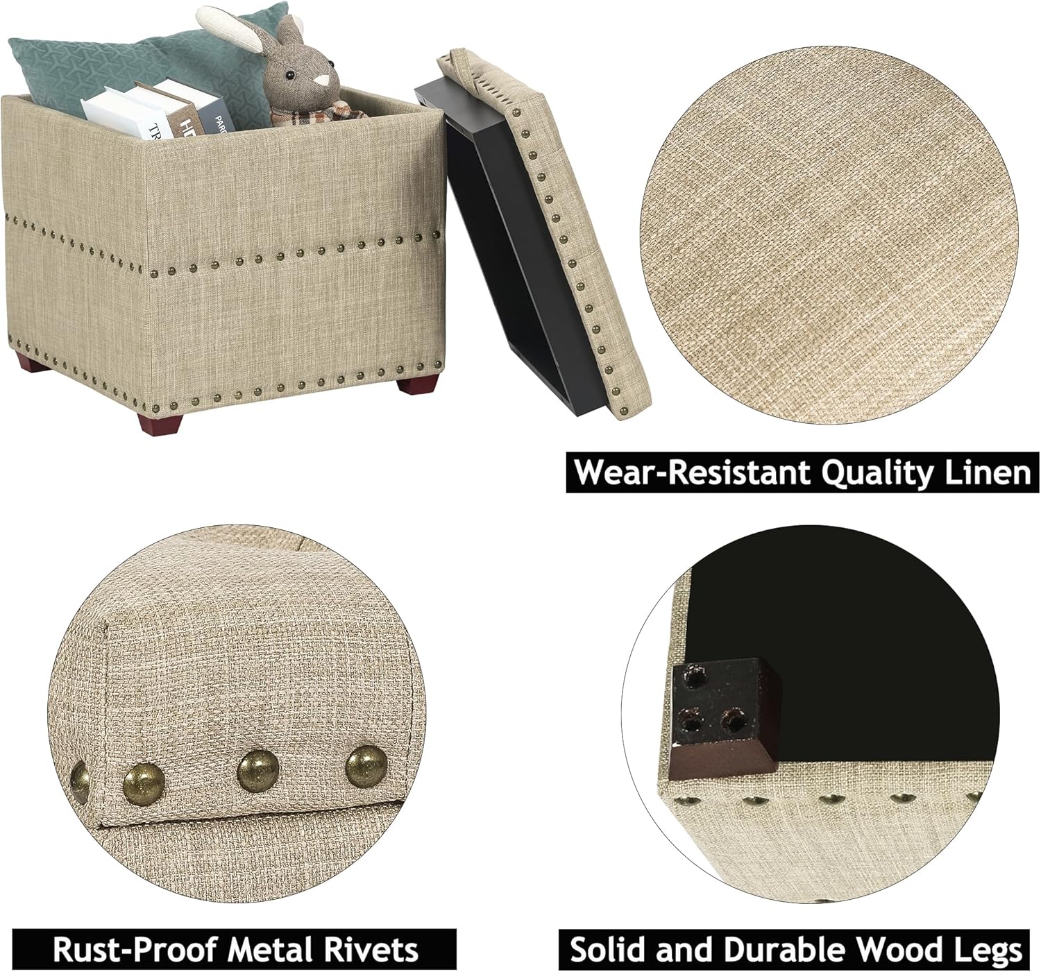 18 Inch High Cube Ottoman Storage, Linen Beige Chair Foot Stools with Tray