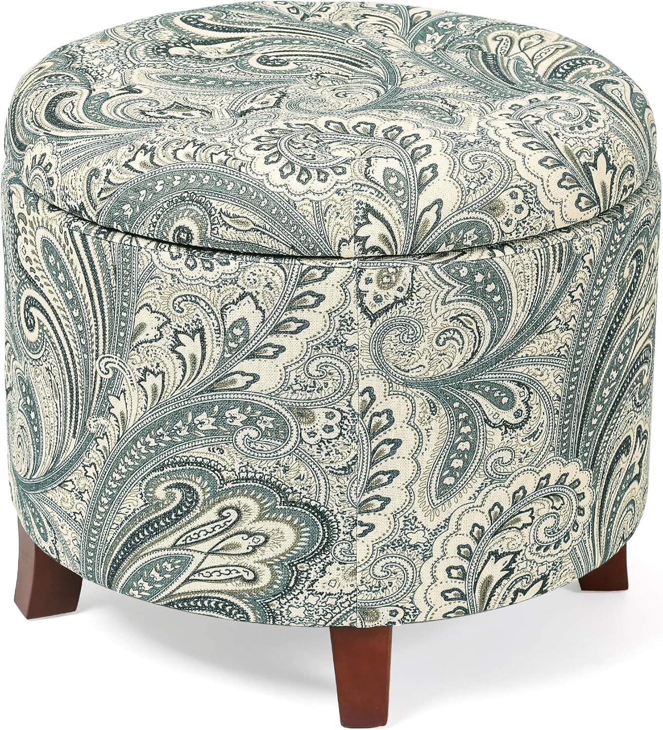 20’’ Tufted Round Ottoman with Storage - Storage Ottoman with Lid- Blue and Green Boho Paisley Fabric Upholstered Footstool