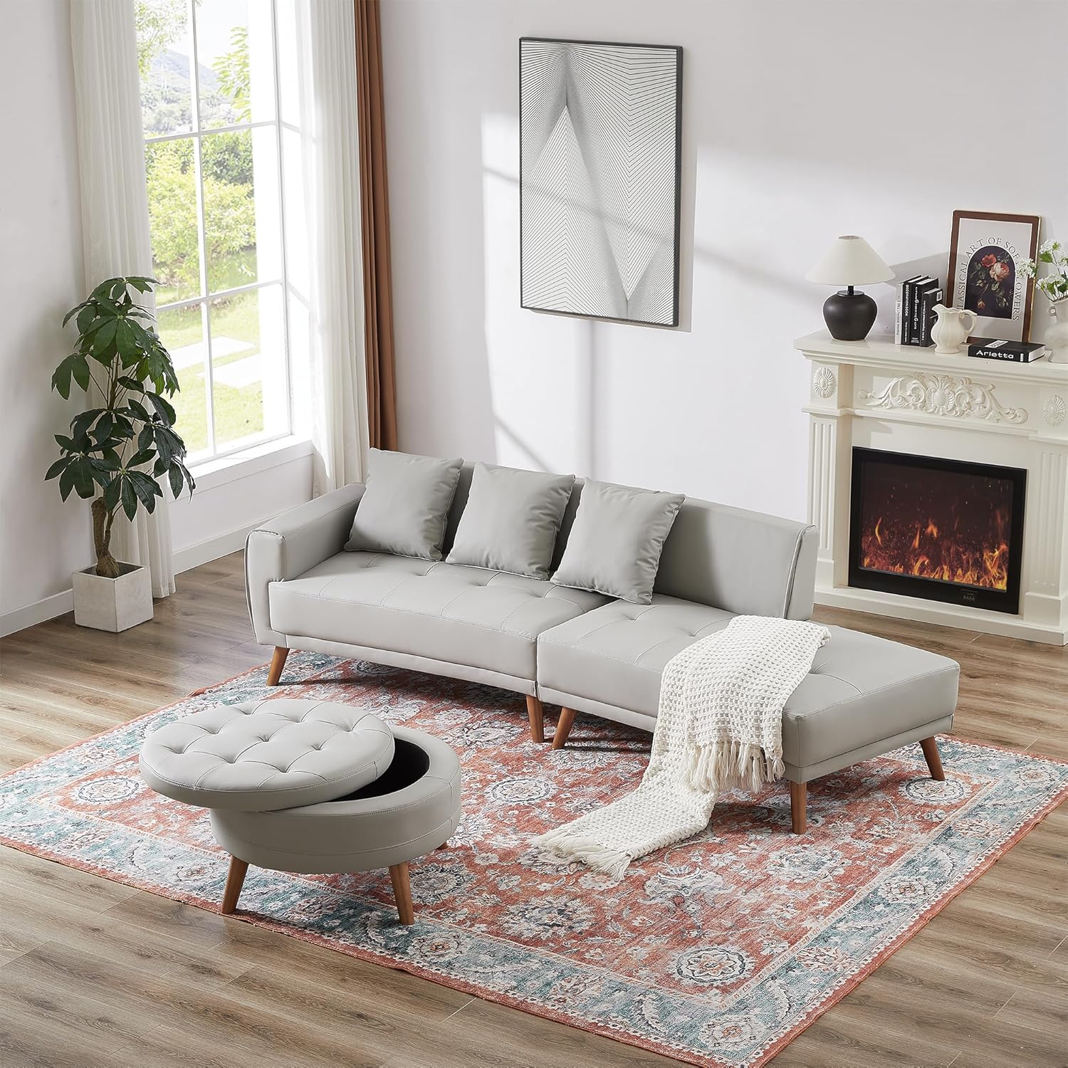 107'' PU Leather Sectional Sofa Couch with Moveable Storage Ottoman for Living Room