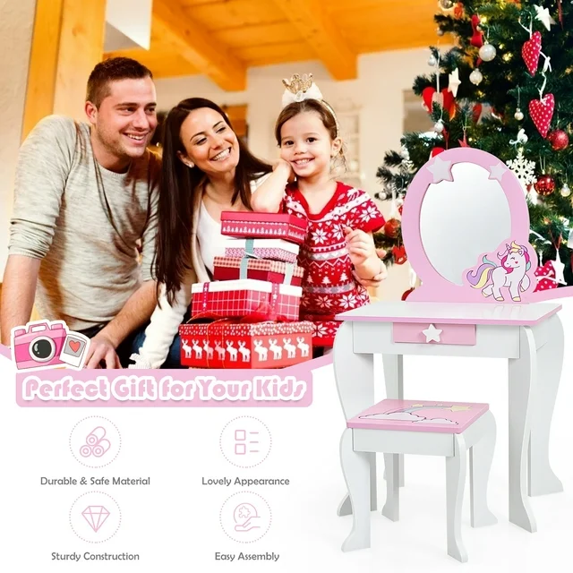 Kids Vanity Makeup Dressing Table Chair Set