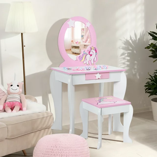Kids Vanity Makeup Dressing Table Chair Set