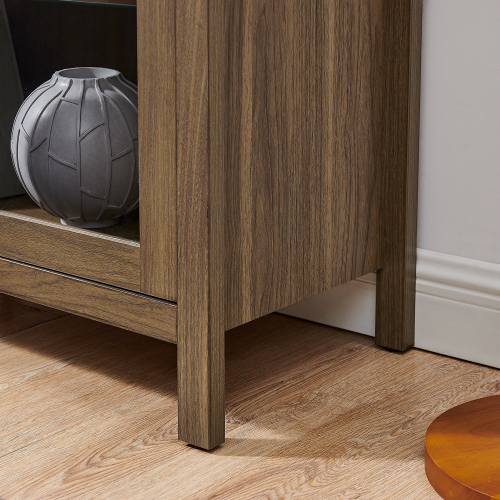 JPJPUU A high arched storage cabinet with a lamp, a modern retro-style wooden storage cabinet with adjustable glass partitions, suitable for use as a multi-functional cabinet in kitchens-Brown