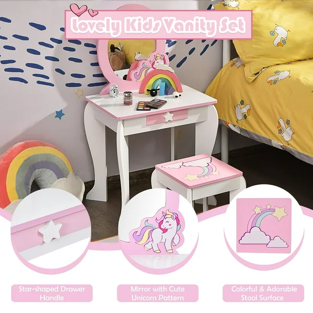 Kids Vanity Makeup Dressing Table Chair Set