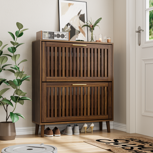 JPJPUU 31.5-inch walnut shoe storage cabinet, medieval modern independent shoe cabinet, fence shoe cabinet with 2 flip drawers, suitable for corridors and entrances