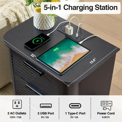 JPJPUU 22" Wide Fluted Nightstand with Charging Station, Modern End Table for Living Room, Bedroom, Home Office, Wood 3 Drawer Dresser, Large Bedside Tables, Curved Profile Design
